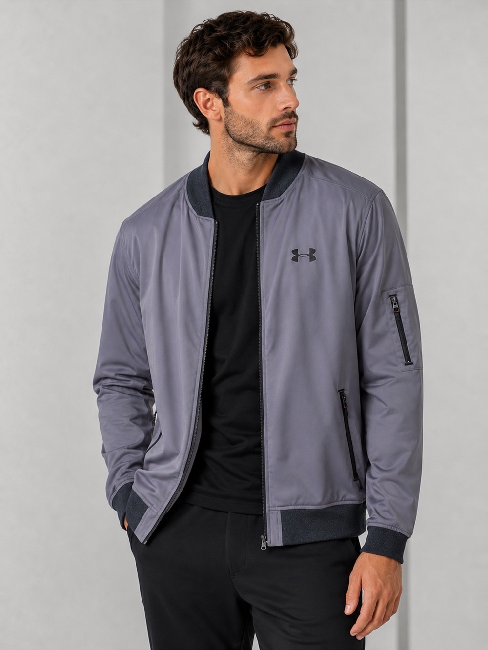 Under Armour Gray Bomber Jacket Men’s Medium | Full Zip | Athletic Casual